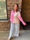 Floral Patchwork Waffle Hooded Oversized Pullover, Pink