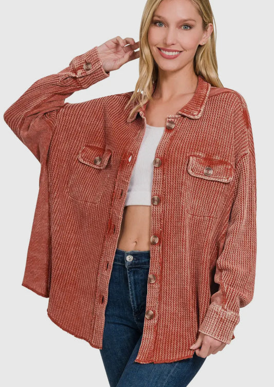 Acid Wash Oversized Cotton Waffle Shacket, Rust