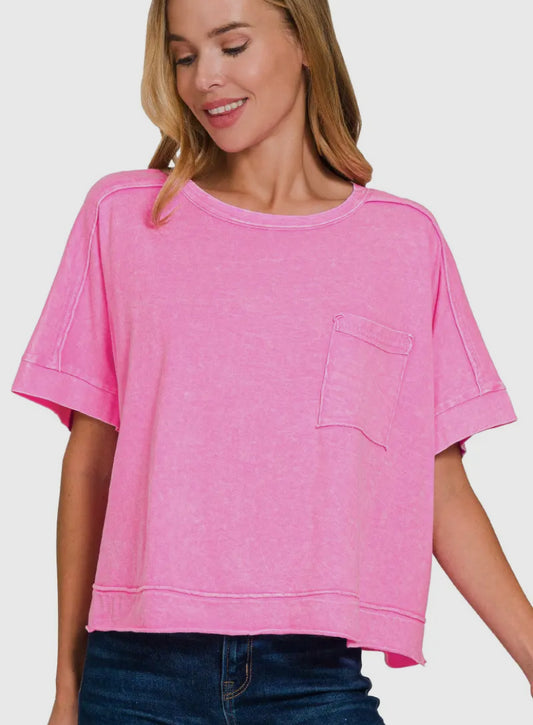 Washed Exposed Seam Oversized Tee, Pink