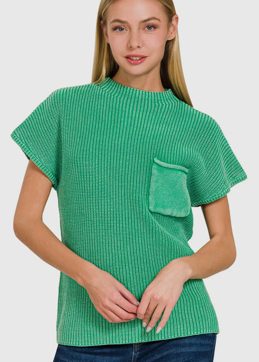 Washed Mock Neck Short Sleeve Sweater, Kelly Green