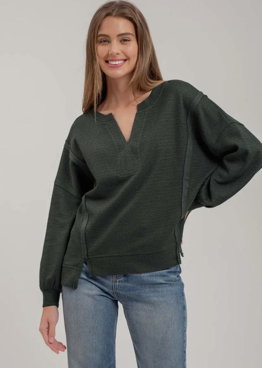 Split Neck Long Sleeve Knit Top