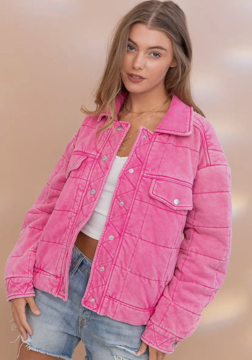 Stone Wash Quilted Jacket, Pink