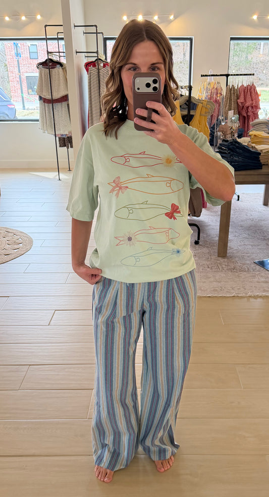 Stripe Linen Pants, Blue Combo