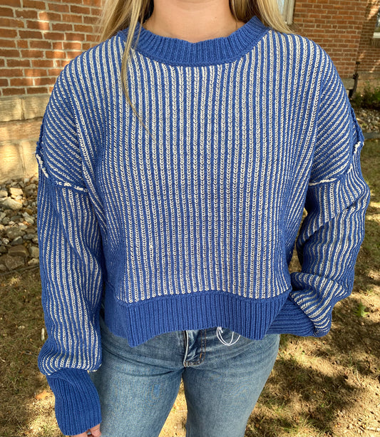 Two Tone Striped Casual Stripe Sweater Top, Royal Blue