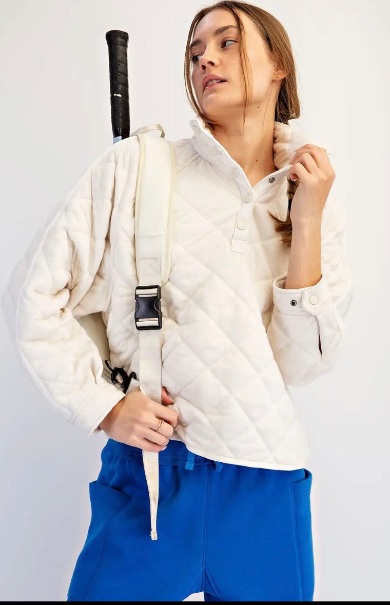 Quilted Button Pullover, Bone