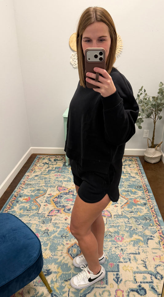 Fleece Long Sleeve Sweatshirt & Short Set, Black