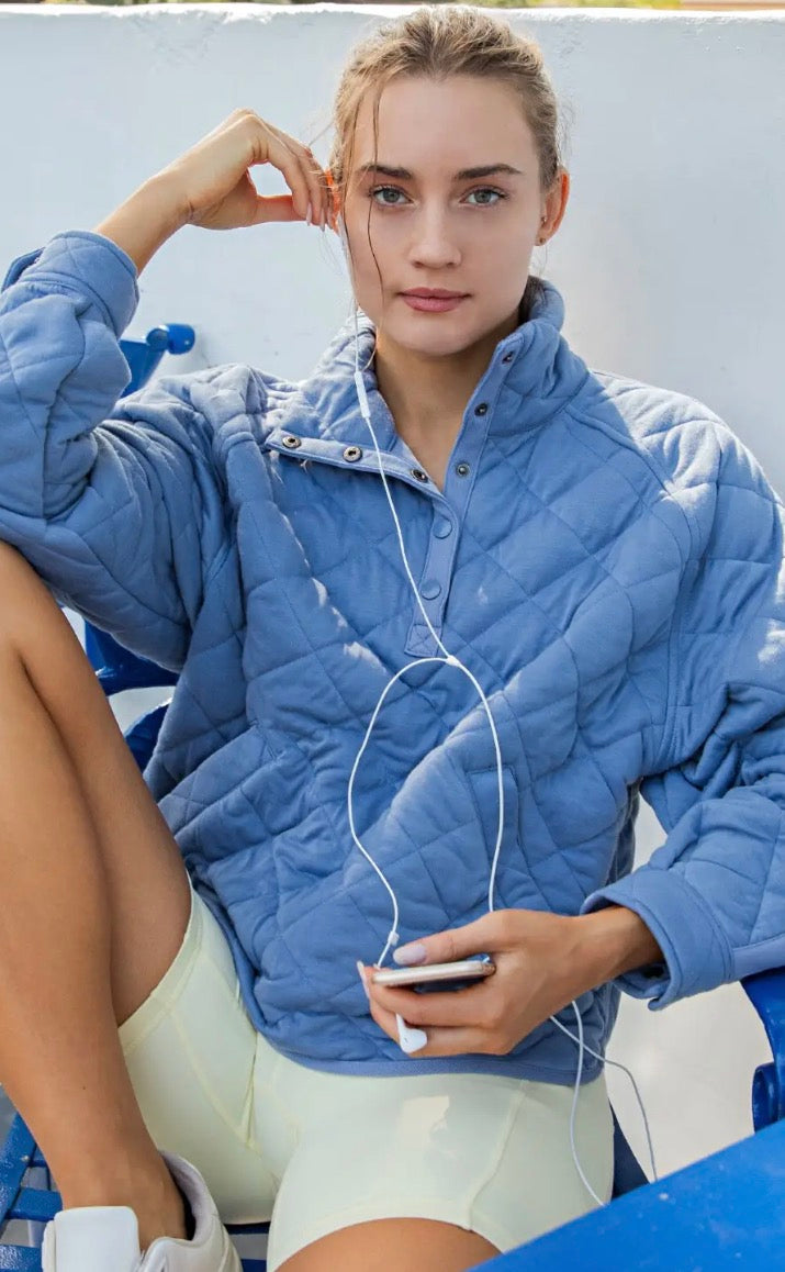 Quilted Button Pullover, Iron Blue