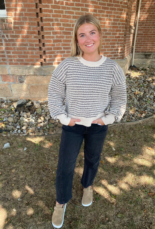 Two Tone Textured Knit Casual Sweater Top, Black