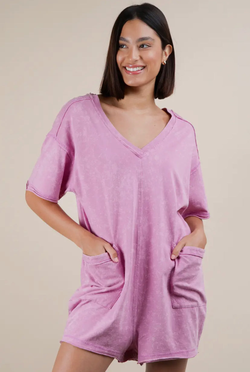 Oversized Mineral Wash Casual Romper, Orchid