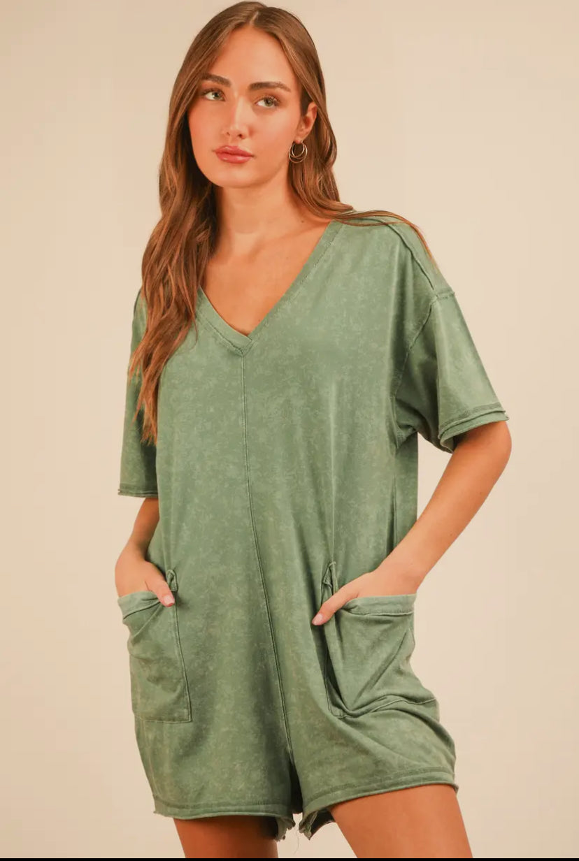 Oversized Mineral Wash Casual Romper, Sage