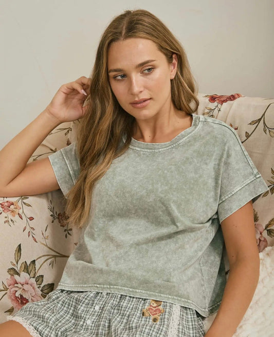 Washed Short Sleeve Boxy Tee, Olive