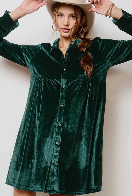 Velvet Button Down Dress, Emerald