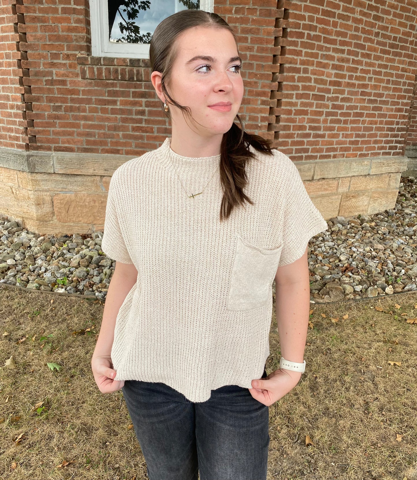 Drop Shoulder Rib Knit Sweater Top, Cream