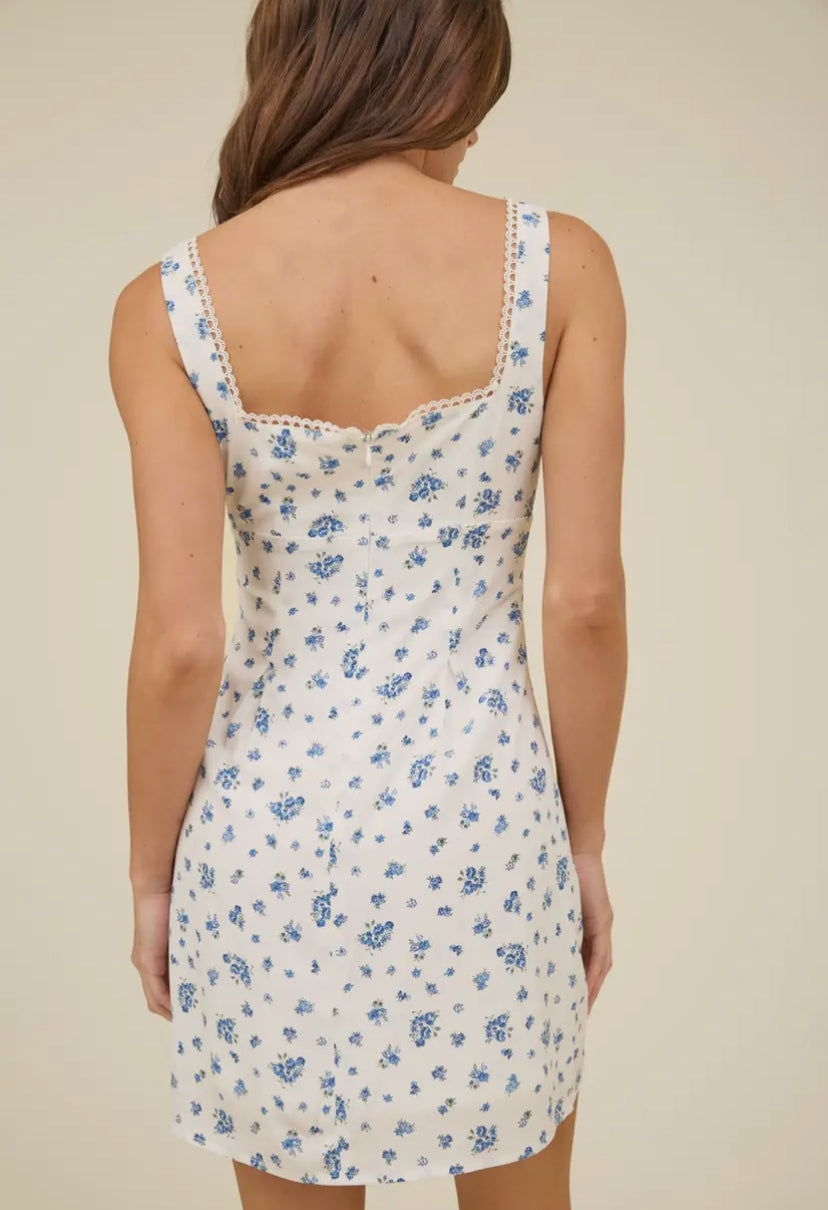 Floral Square Neck Lace Trim Dress, Blue
