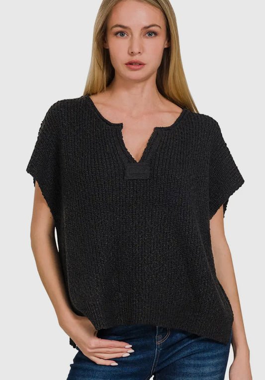 Short Sleeve Split Neck Pullover