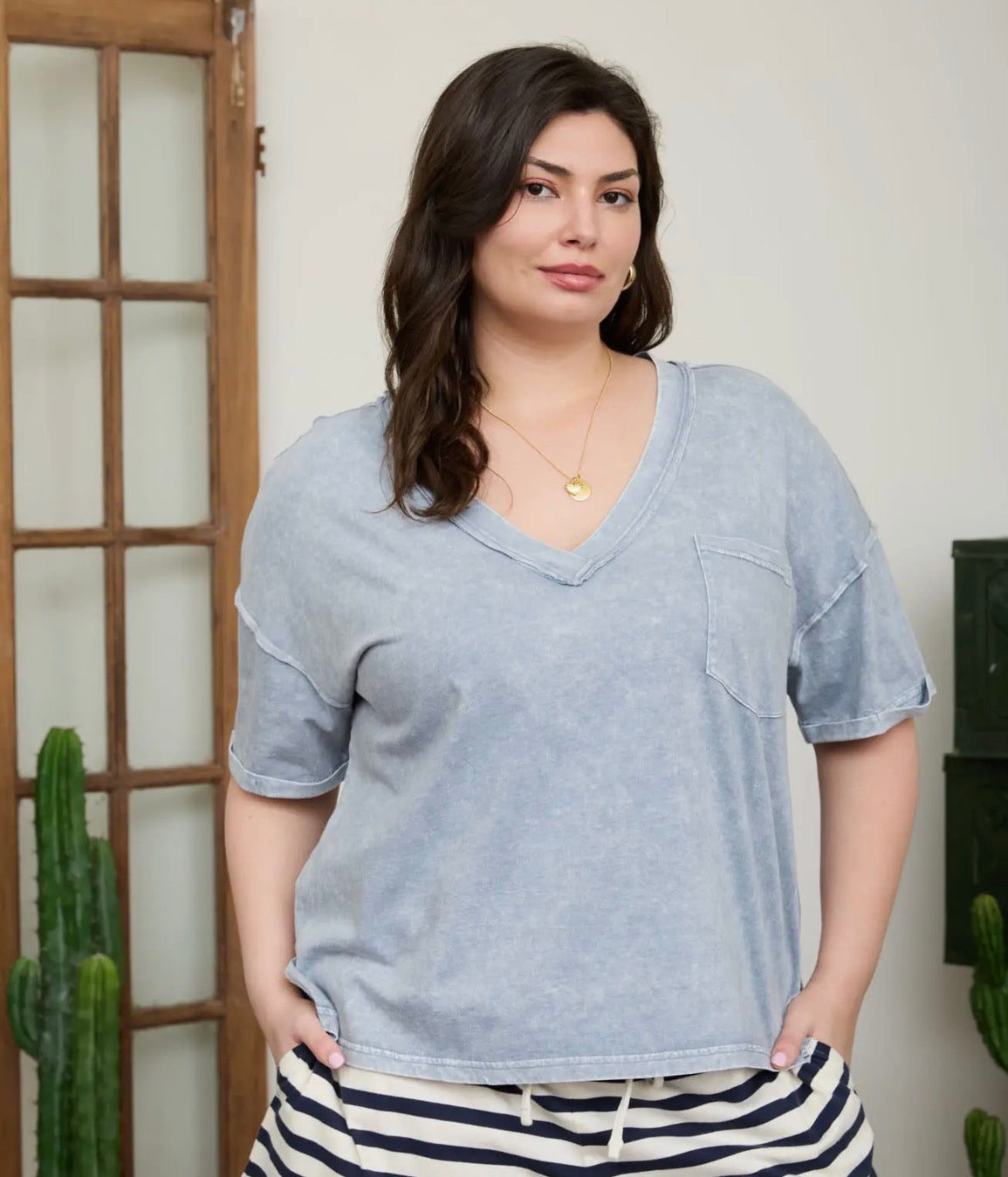 Plus Washed V Neck Boxy Knit Top, Slate Blue
