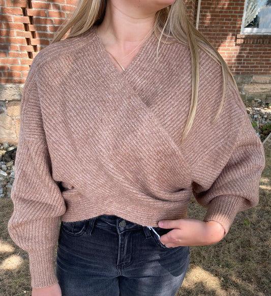 Crossover Ribbed Pullover, Latte