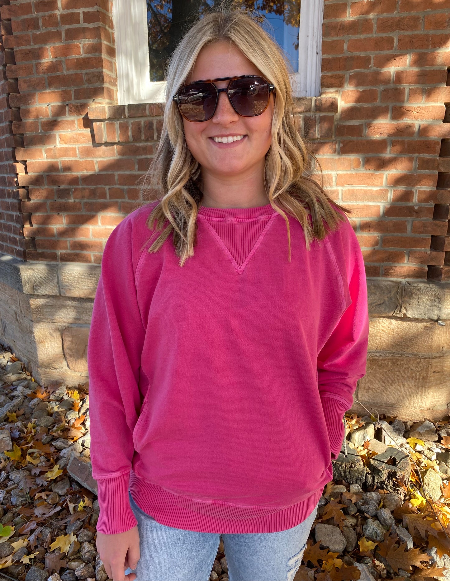 Washed French Terry Pullover, Hot Pink