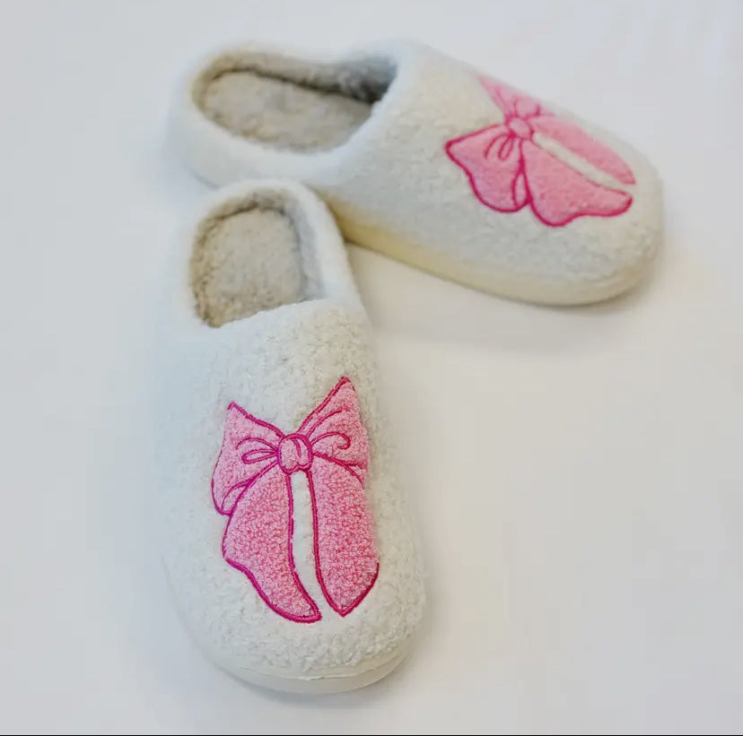 Pink Bow Fuzzy Plush Slippers