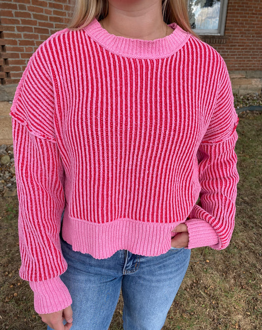 Two Tone Striped Casual Stripe Sweater Top, Pink