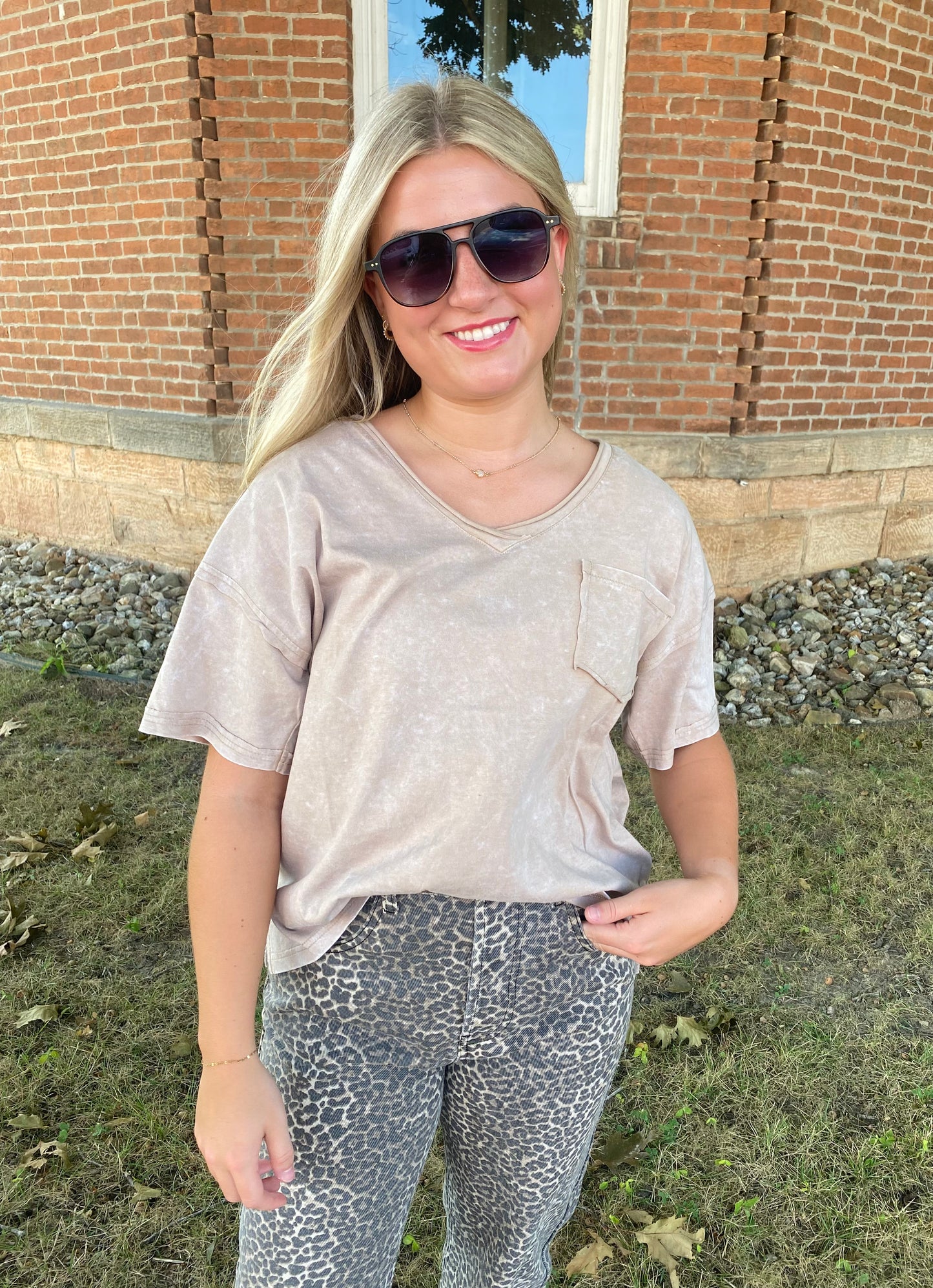 Mineral Wash V-Neck Top, Taupe