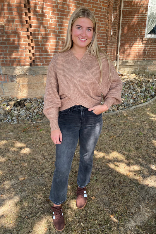 Crossover Ribbed Pullover, Latte