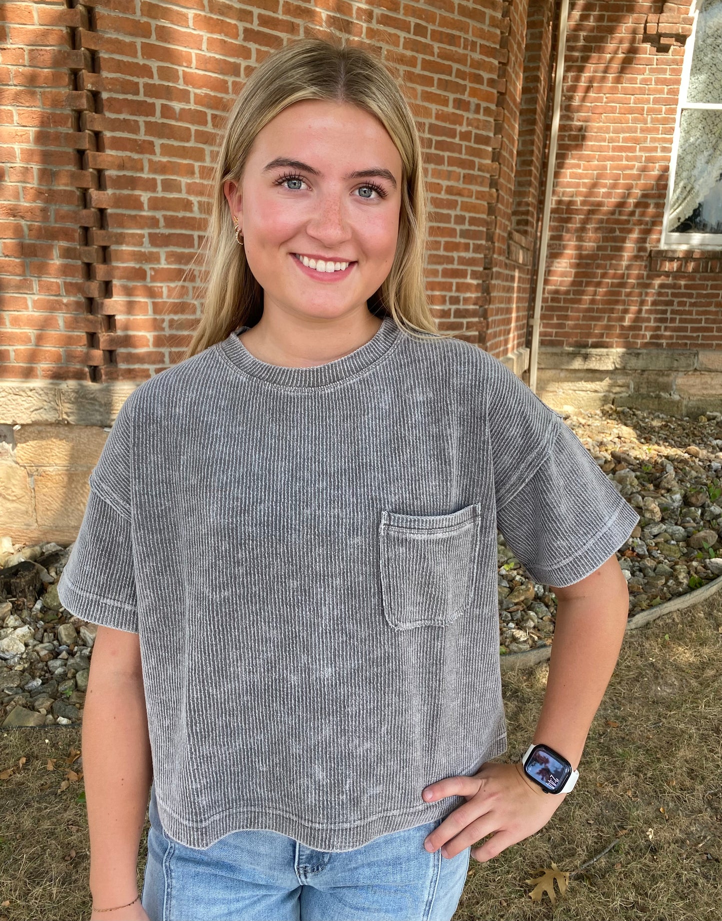Washed Ribbed Short Sleeve Tee with Pocket, Gray