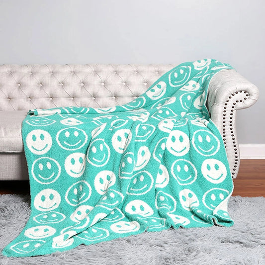 Happy Face Patterned Throw Blanket, Mint