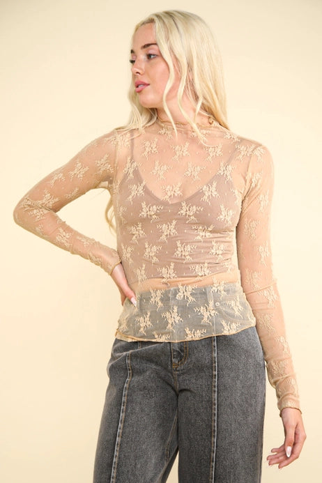 High Neck Fitted Sheer Mesh Lace Knit Top, Champagne