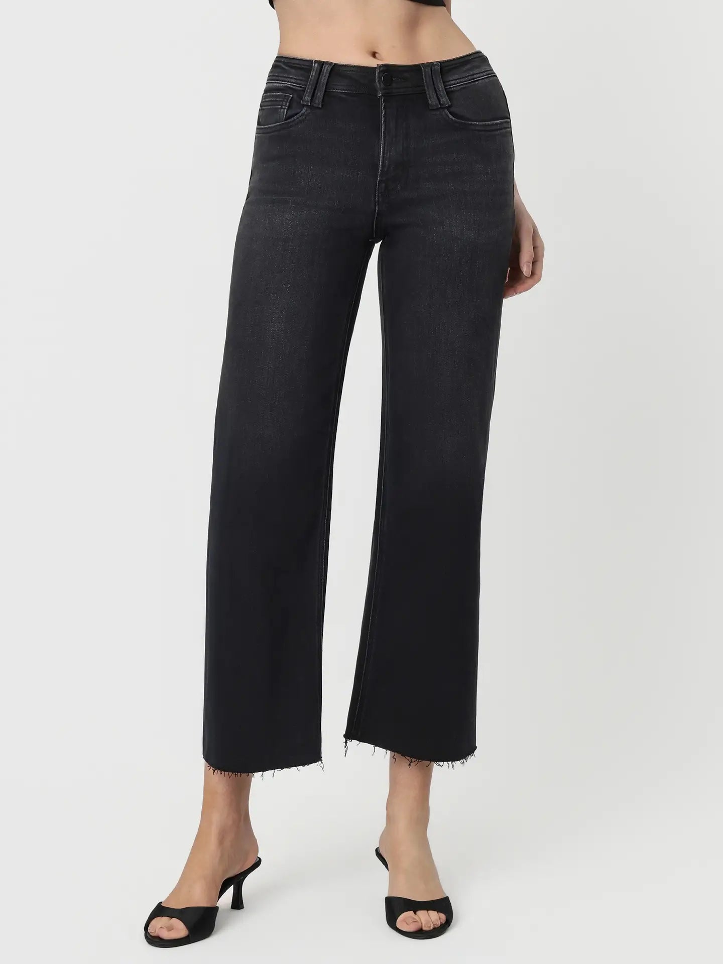 Flying Monkey High Rise Raw Hem Ankle Wide Jeans, Black