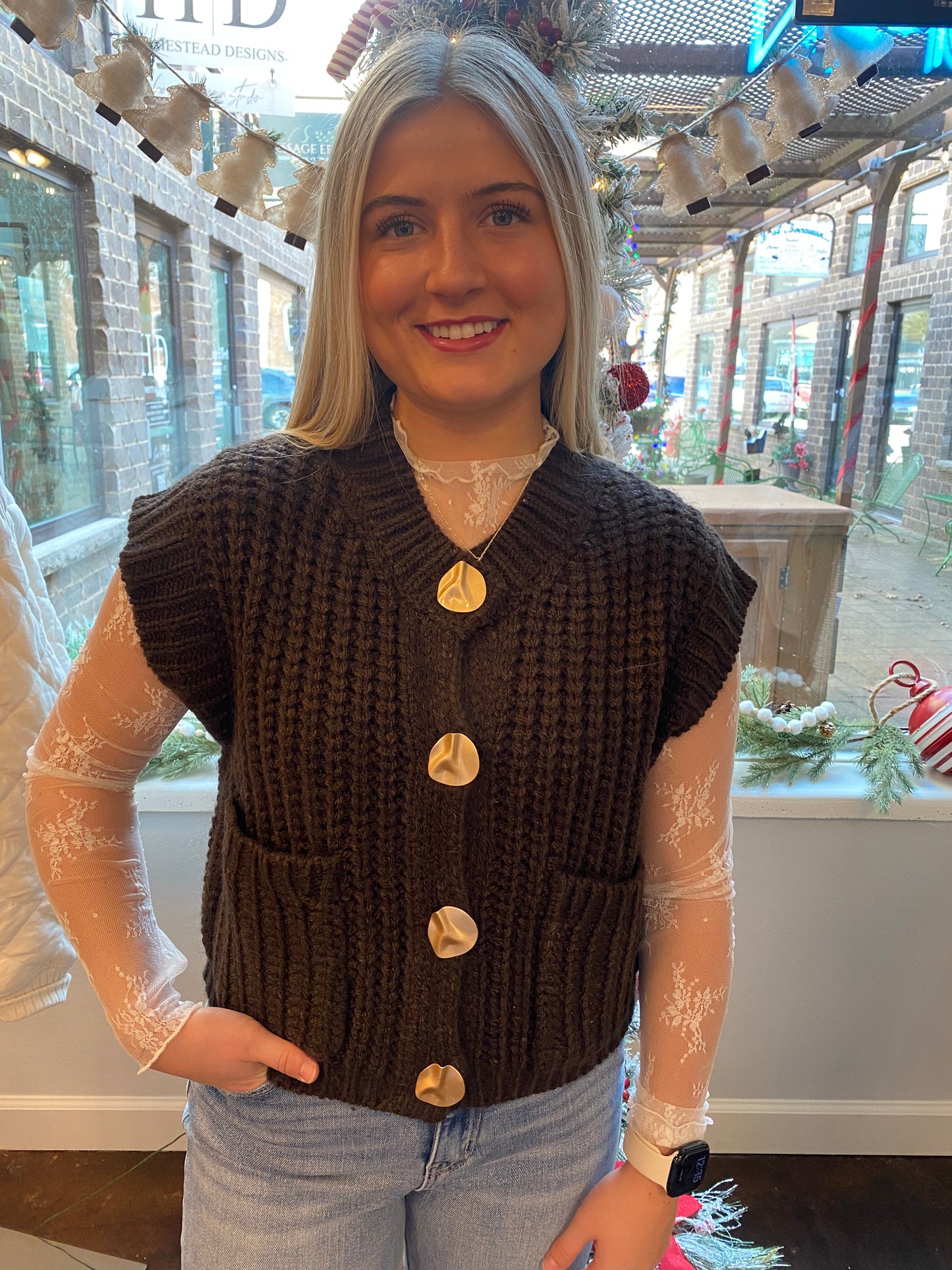 Chunky Knit Button-Front Vest Top, Brown