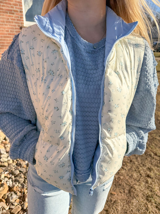 Floral Printed Cropped Puffer Vest, Blue