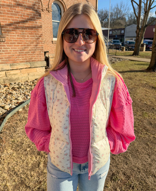 Floral Printed Cropped Puffer Vest, Pink