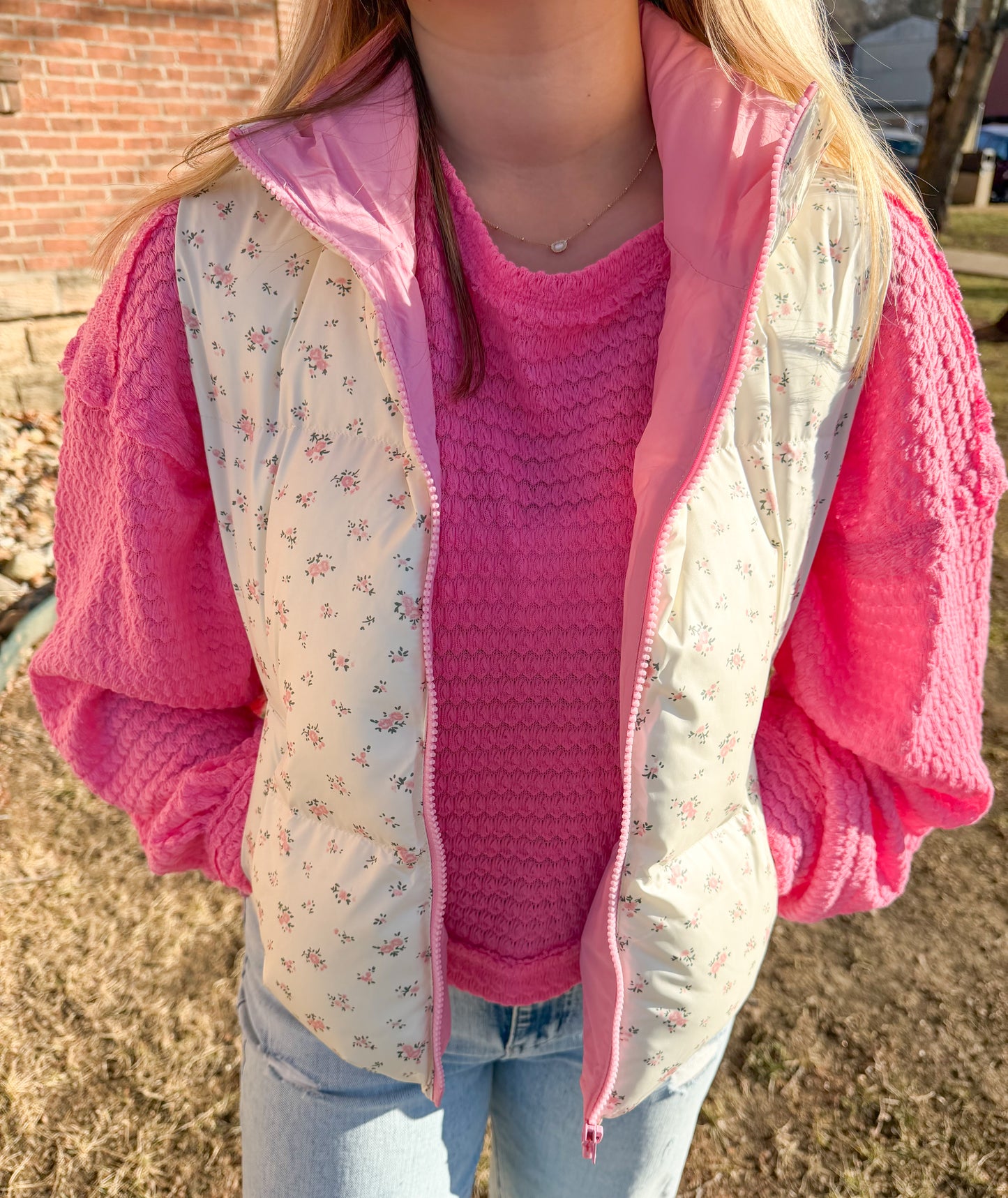 Floral Printed Cropped Puffer Vest, Pink