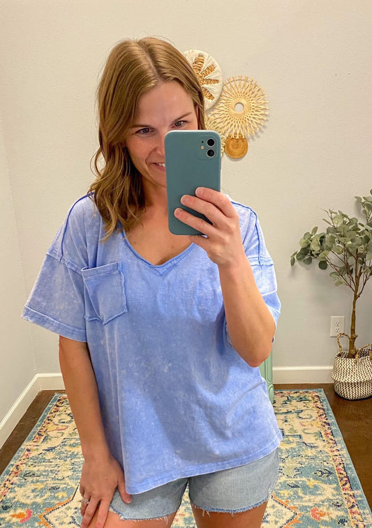 Mineral Wash V-Neck Top, Sky Blue