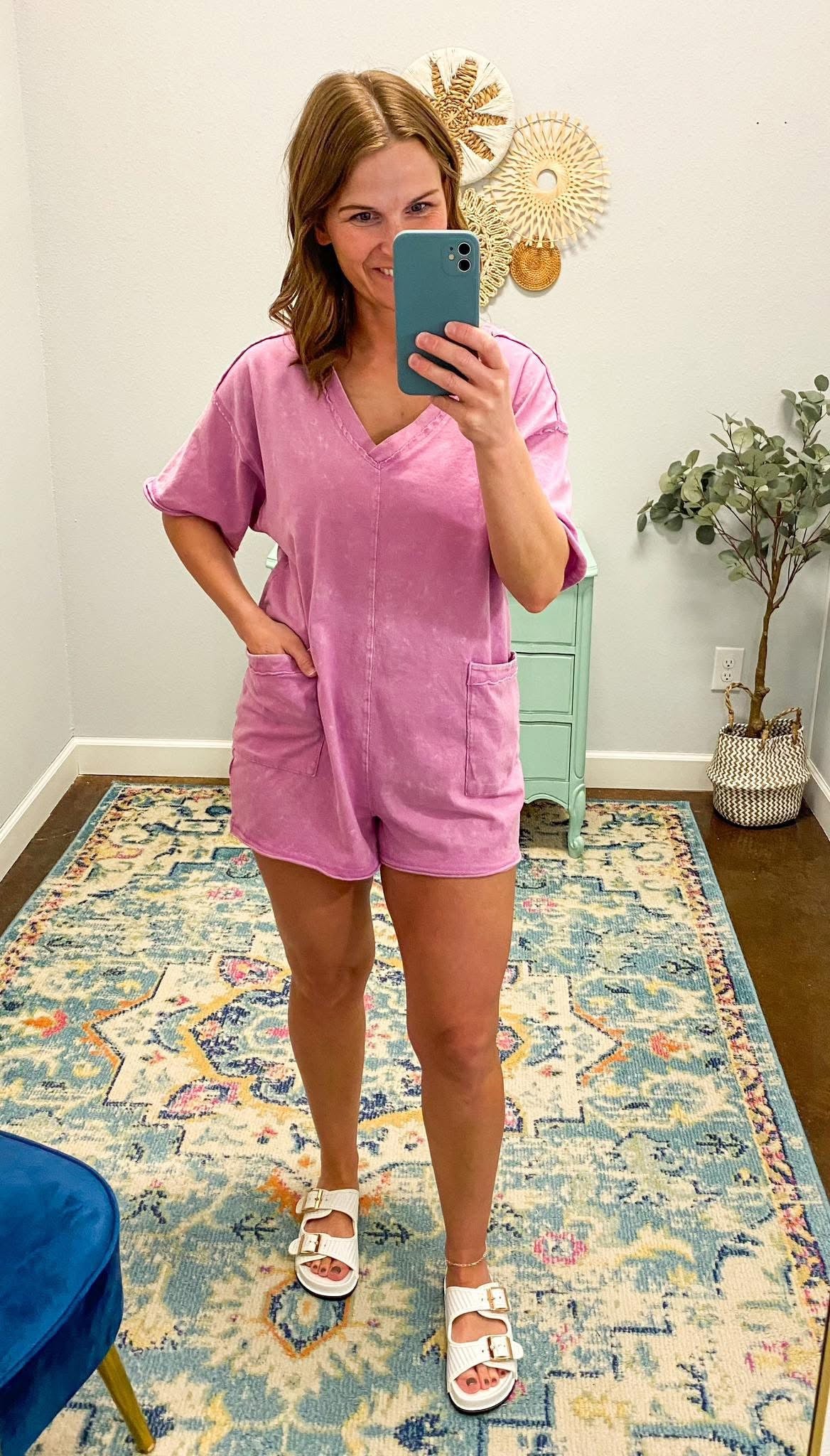 Oversized Mineral Wash Casual Romper, Orchid