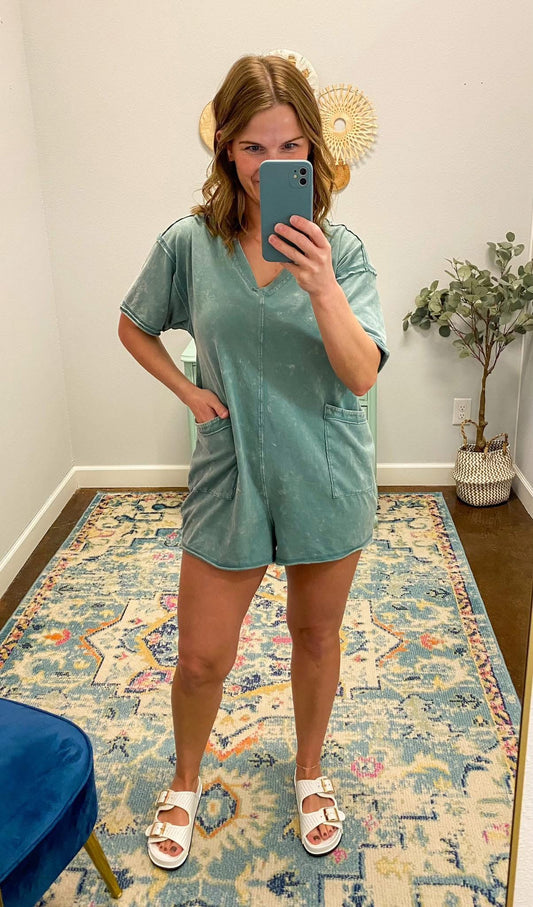 Oversized Mineral Wash Casual Romper, Sage