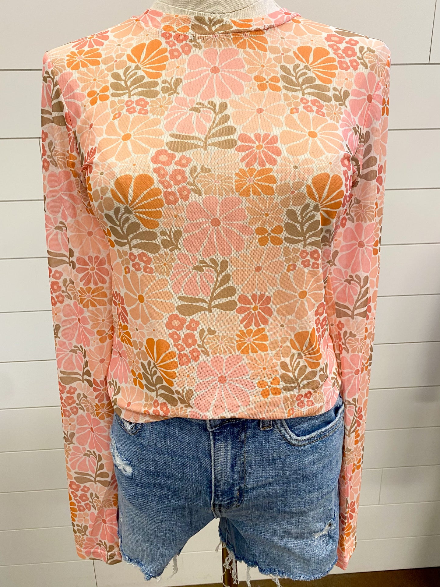 Vintage Floral Mesh Top, Pink