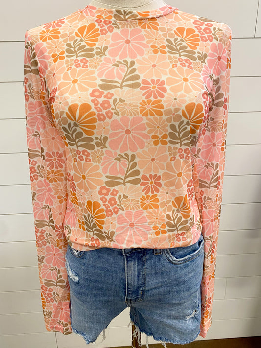 Vintage Floral Mesh Top, Pink