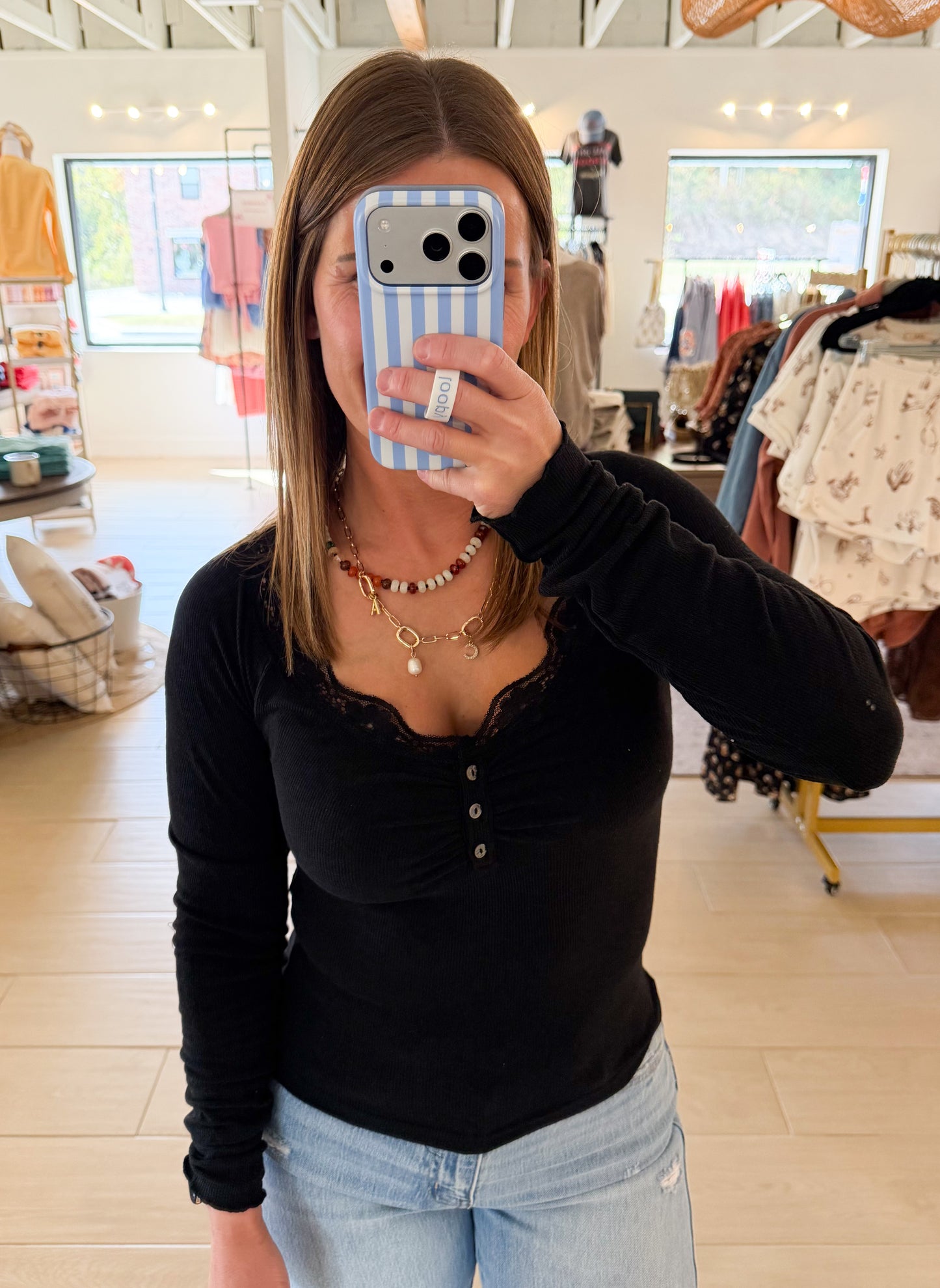 Lace Trim Button Down Henley Knit Top, Black