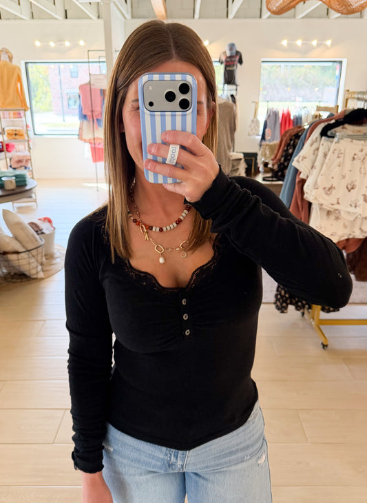 Lace Trim Button Down Henley Knit Top, Black
