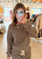 Striped Waffle Knit Raglan Top, Brown