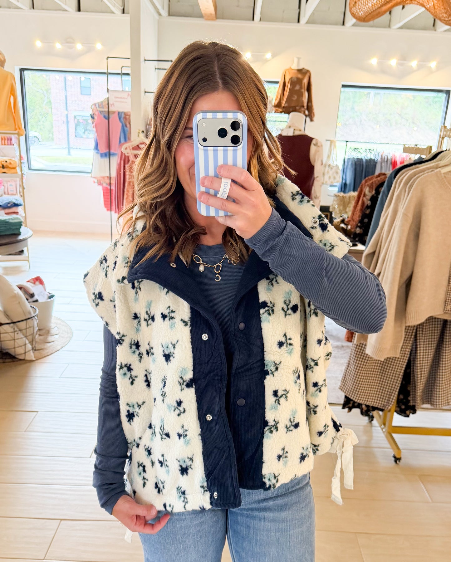 Floral Sherpa Vest, Blue