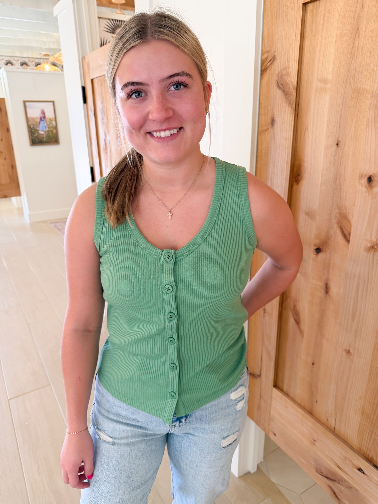 Button-Up Ribbed Knit Tank, Pistachio