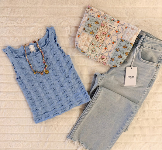 Floral Edge Tank, Serene Blue