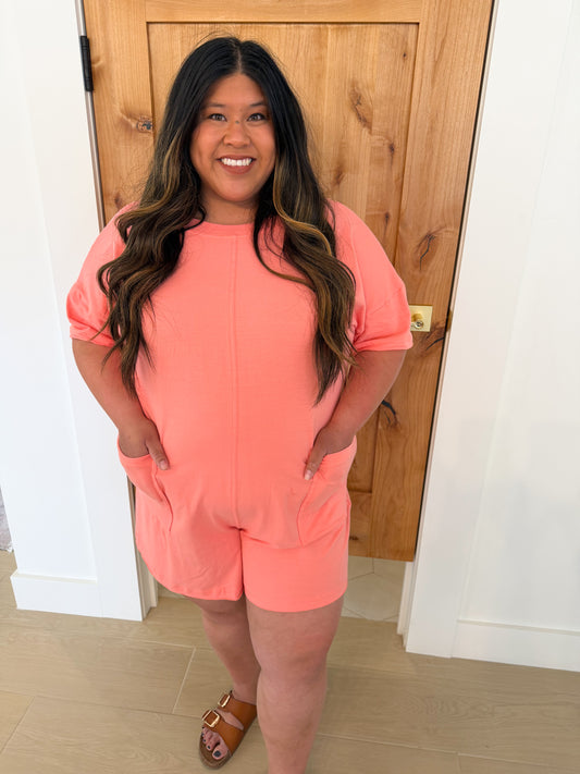 Plus Summer Tee Romper, Dk Peach