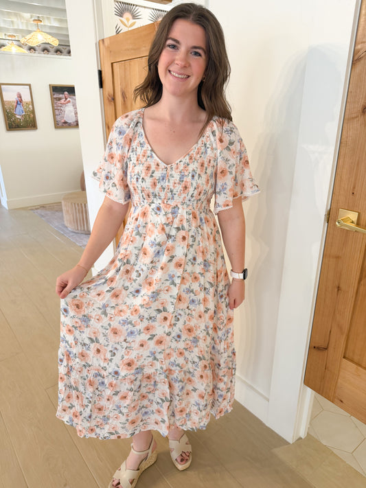 Floral Smocked Chest Flutter Sleeve Maxi Dress