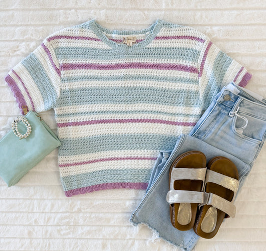 Weaved Multi Color Striped Sweater, Aqua/Orchid