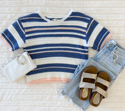 Weaved Multi Color Striped Sweater, Blue/Peach