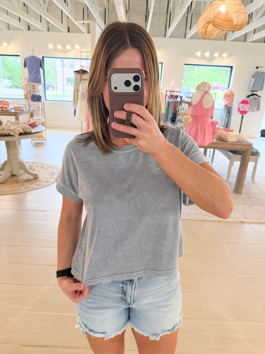 Washed Short Sleeve Boxy Tee, Slate Blue